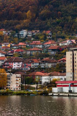Tuna nehri ve Orsova şehir bitki örtüsü ve binaları, deniz manzarası. Orsova, Romanya, 2021