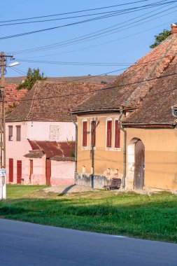 Romanya 'daki Viscri köyünün manzarası. Romanya 'nın Viscri kentindeki ortaçağ Sakson köyündeki geleneksel evleri boyamış.