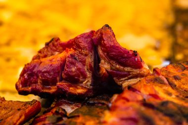 Bir kömür ızgara, domuz biftek, tavuk göğsü, sosis, bir sokak gıda festivalinde et pirzola parçaları üzerinde sulu buğulama et