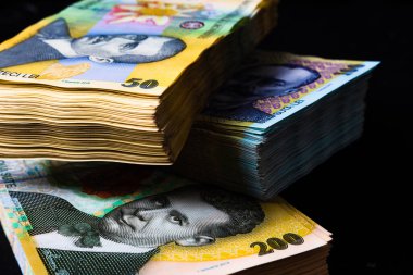 Bir yığın LEI Romanya parası. RON Leu Para Avrupa Para Birimi