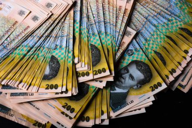 Bir yığın LEI Romanya parası. RON Leu Para Avrupa Para Birimi