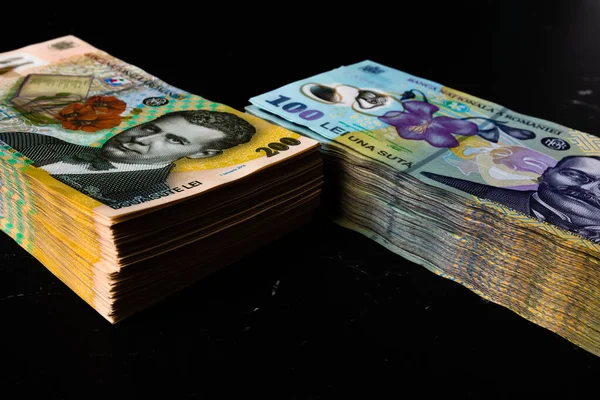 Bir yığın LEI Romanya parası. RON Leu Para Avrupa Para Birimi