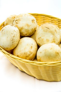 Taze şampiyonlar, hasır sepetteki şampiyon mantarlar izole edildi.