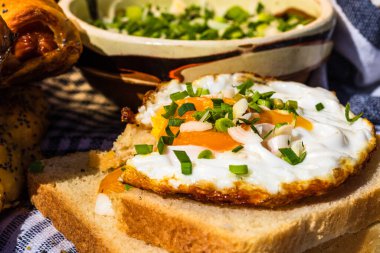 Çeşitli salata malzemeleri, domates sosu, lezzetli kızarmış yumurta ve sağlıklı kahvaltı için çiğ sebze.