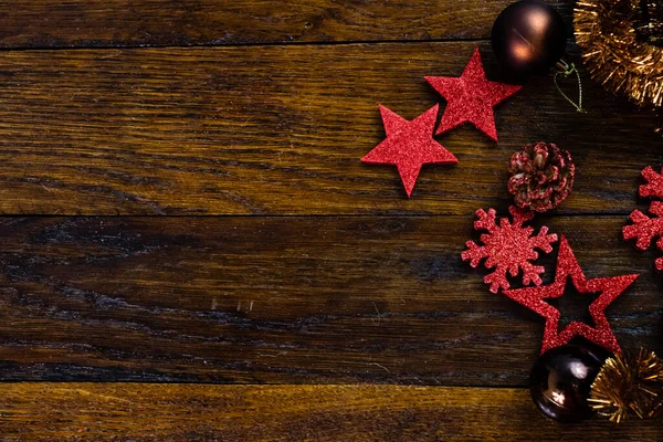 Decorações Coloridas Brilhantes Brilhantes Natal Tábua Madeira Conceito Natal Fundo — Fotografia de Stock