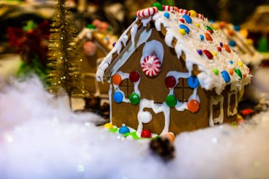 Renkli zencefilli kurabiye evi, bulanık arka planda, Noel süslemesiyle izole edilmiş..