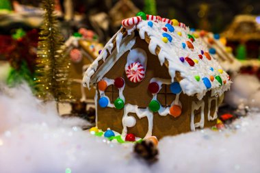 Renkli zencefilli kurabiye evi, bulanık arka planda, Noel süslemesiyle izole edilmiş..