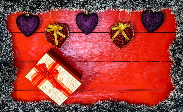 Composição Natal Tábua Madeira Vermelha Com Guirlanda Natal Decorações Composição — Fotografia de Stock