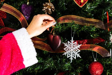 Noel ağacı süslemek, köknar dallarına Noel süslemeleri yapmak. Noel süslemeleri.