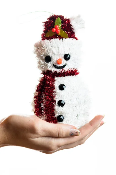 Hand Holding Christmas Snowman Figurine Isolated White Background — Stock Photo, Image
