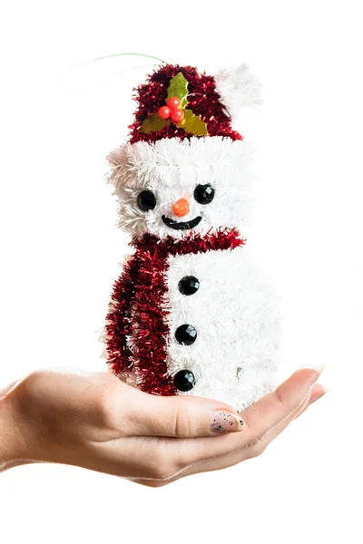 Hand Holding Christmas Snowman Figurine Isolated White Background — Stock Photo, Image
