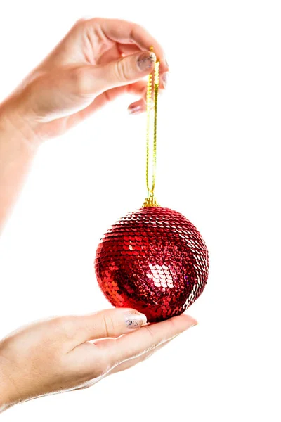 Hand Holding Showing Giving Receiving Christmas Bauble Decoration Isolated White — Stock Photo, Image