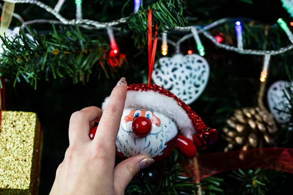 Decorating Christmas Tree Hand Putting Christmas Decorations Fir Branches Christmas — Stock Photo, Image