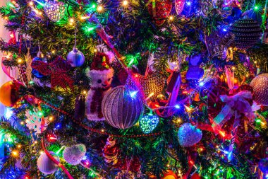 Noel ağacında Noel ışıklarıyla süslenmiş.