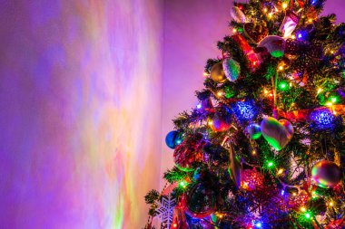 Noel ağacında Noel ışıklarıyla süslenmiş.