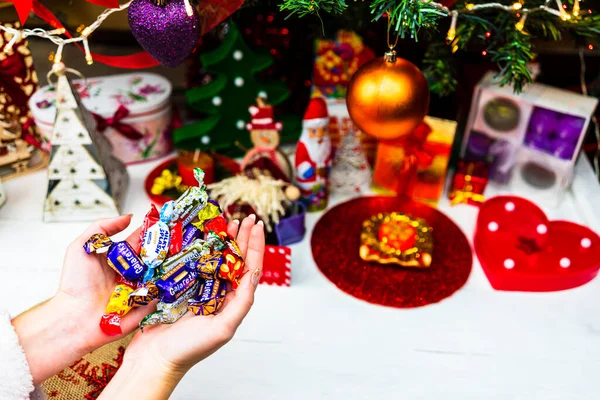 Noel ağacının önünde çikolatalı şekerlemeleri tutarken. Noel ağacı süslemek ya da hediyeleri açmak. Bükreş, Romanya, 2020