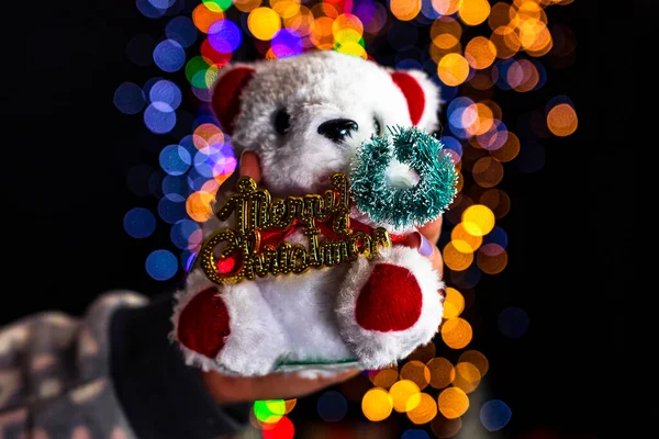 Holding Christmas Decoration Isolated Background Blurred Lights December Season Christmas — Stock Photo, Image