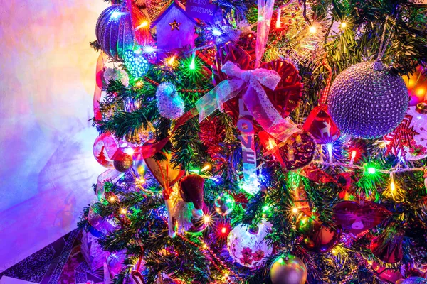 Noel ağacında Noel ışıklarıyla süslenmiş.