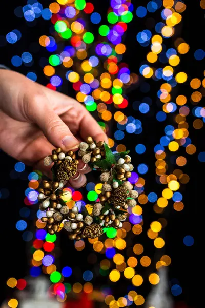 Holding Christmas Decoration Bokeh Lights Background — Stock Photo, Image