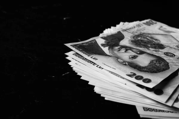 Stos Rumuńskich Pieniędzy Lei Ron Leu Pieniądze Waluta Europejska — Zdjęcie stockowe