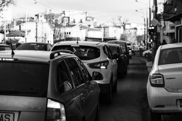 Car Traffic Pollution Traffic Jam City Downtown Bucharest Romania 2022 — Stock Photo, Image