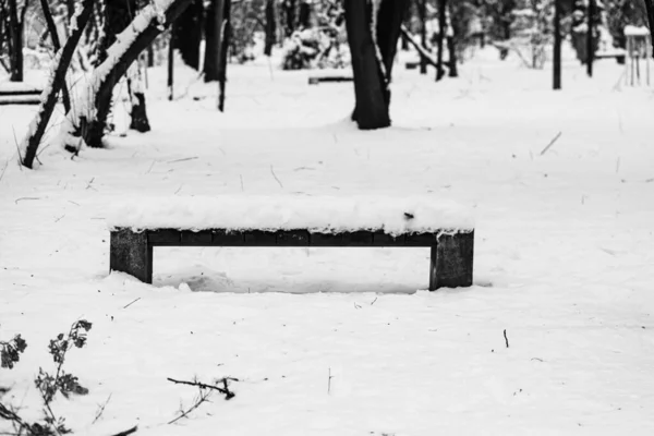 Verschneite Bank Park Parkbank Dem Ersten Schneefall Des Jahres Schneebedeckt — Stockfoto