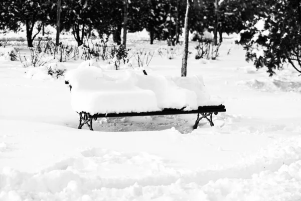 Verschneite Bank Park Parkbank Dem Ersten Schneefall Des Jahres Schneebedeckt — Stockfoto