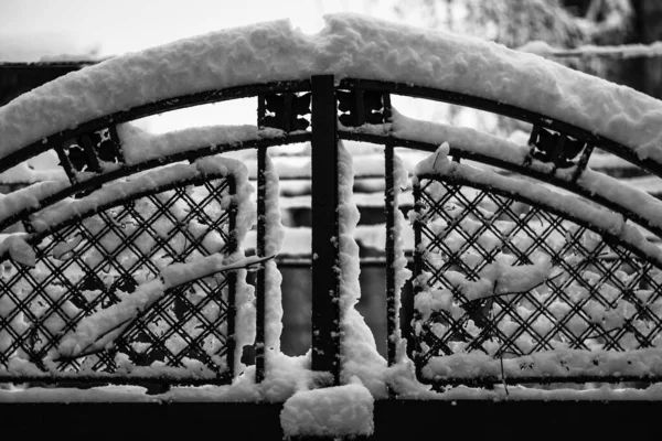 Maschendrahtzaun Und Metallnetz Mit Schnee Metallnetz Winter Mit Schnee Bedeckt — Stockfoto