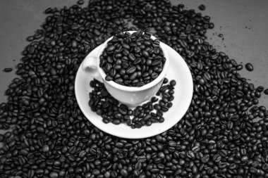 Sade kahve fincanı, kahve çekirdekleri. Kahvaltı kahve konsepti.