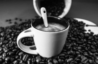 Sade kahve fincanı, kahve çekirdekleri. Kahvaltı kahve konsepti.