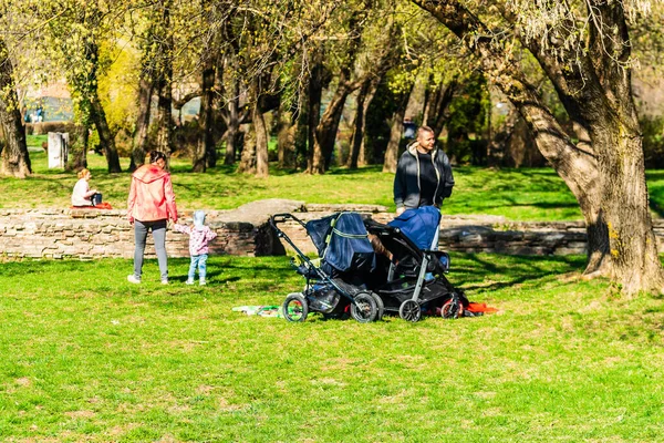 Targoviste Romania 2019 Gruppo Persone Sull Erba Nel Central Park — Foto Stock