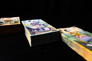 Bir yığın LEI Romanya parası. RON Leu Para Avrupa Para Birimi