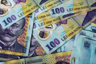 Bir yığın LEI Romanya parası. RON Leu Para Avrupa Para Birimi