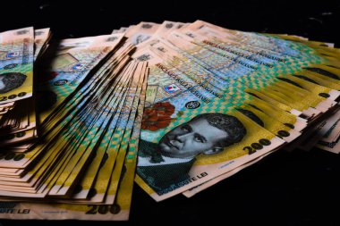 Bir yığın LEI Romanya parası. RON Leu Para Avrupa Para Birimi