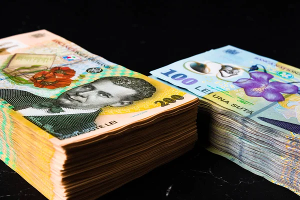 Bir yığın LEI Romanya parası. RON Leu Para Avrupa Para Birimi