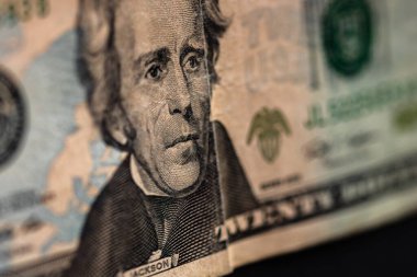 20 dolarlık banknotun detaylarına odaklan. Para banknotlarının makro detaylarını kapat, dolarları izole et. Dünya para kavramı, enflasyon ve ekonomi kavramı