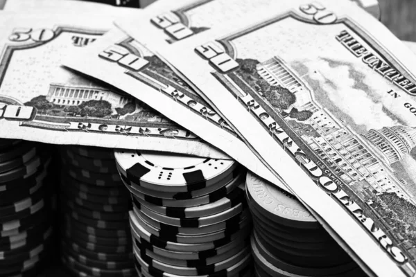 Poker chips, money and gamble