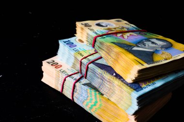 Bir yığın LEI Romanya parası. RON Leu Para Avrupa Para Birimi