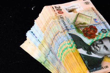 Bir yığın LEI Romanya parası. RON Leu Para Avrupa Para Birimi