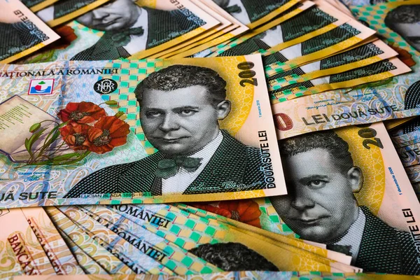 Bir yığın LEI Romanya parası. RON Leu Para Avrupa Para Birimi