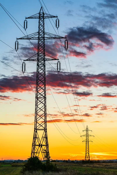 Detalle Del Poste Eléctrico Con Cables Eléctricos Atardecer — Foto de Stock