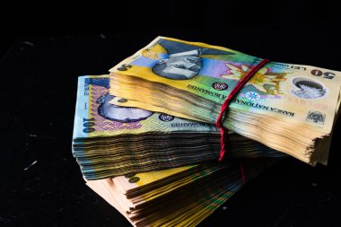 Bir yığın LEI Romanya parası. RON Leu Para Avrupa Para Birimi