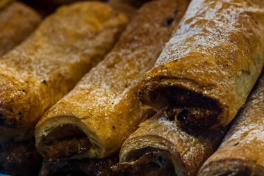 Baked pastry in a bakery window display