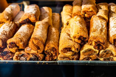 Baked pastry in a bakery window display