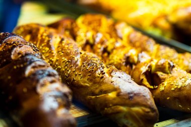 Baked pastry in a bakery window display