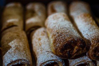 Baked pastry in a bakery window display