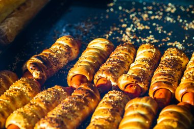 Baked pastry in a bakery window display
