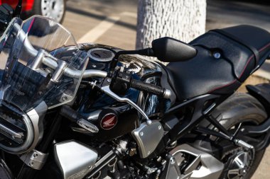 Detail of custom Honda motorbike in Bucharest, Romania, 2022