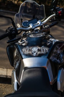 Detail of custom Honda motorbike in Bucharest, Romania, 2022