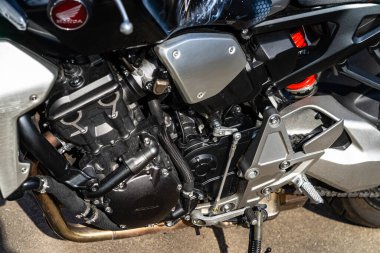 Detail of custom Honda motorbike in Bucharest, Romania, 2022